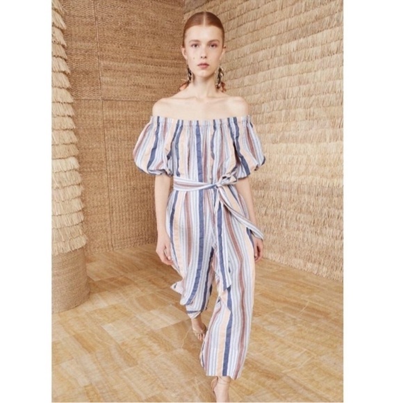 ULLA JOHNSON Elan Off The Shoulder Seersucker Jumpsuit in Sky - Picture 1 of 11